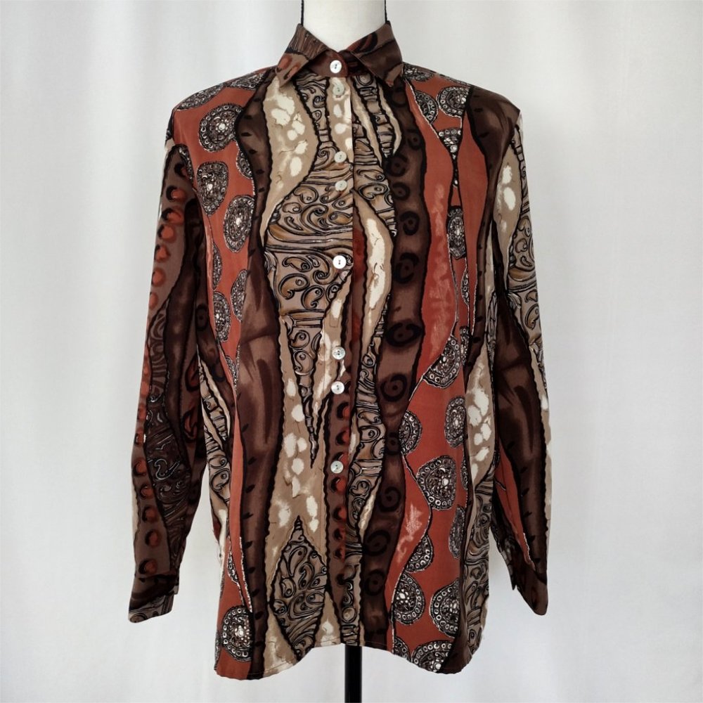 Vintage 1980s Brown Striped Collage Print Casual Button Down Blouse